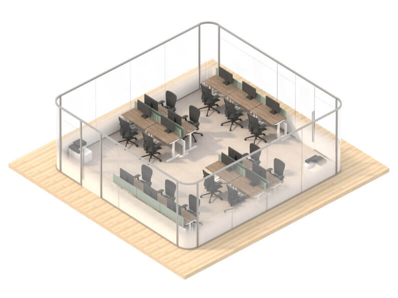 Glass-walled office with desks and chairs in a modern design layout.