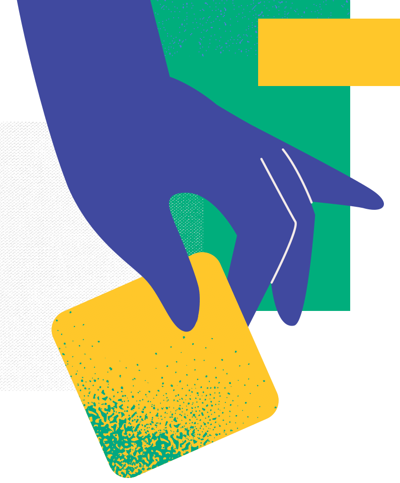 Abstract art: blue hand with yellow textured block.