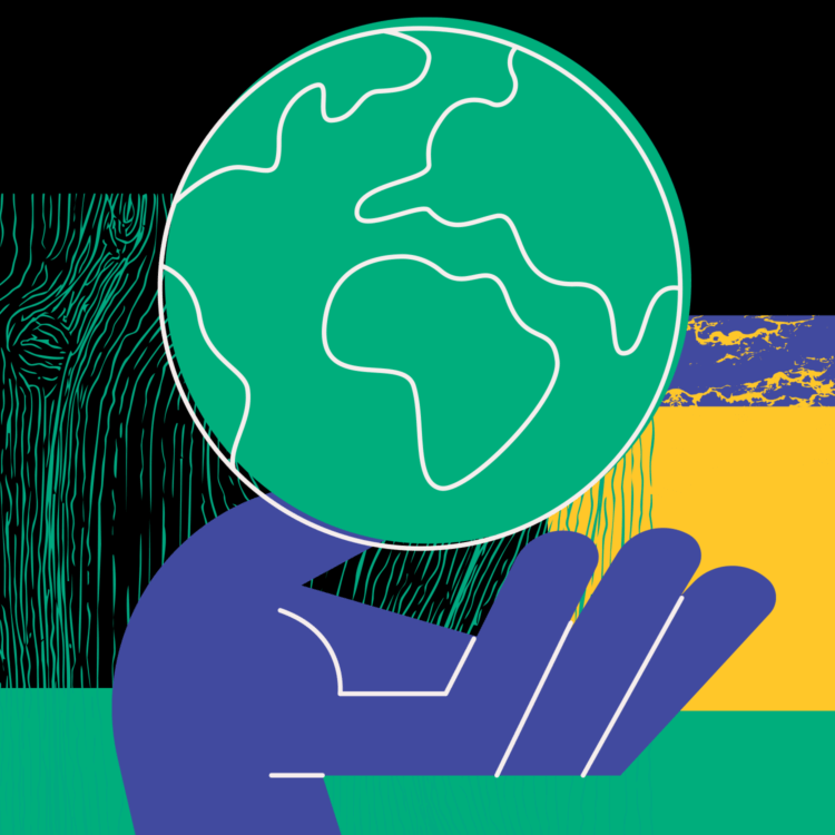 Hand holding Earth illustration with abstract background.