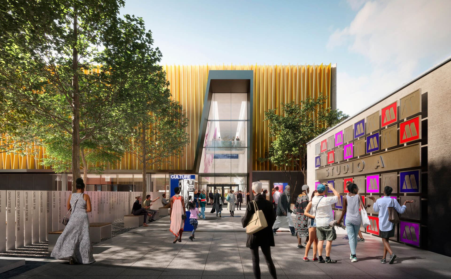 Modern art center entrance with people walking, vibrant architecture, trees, and colorful signs.