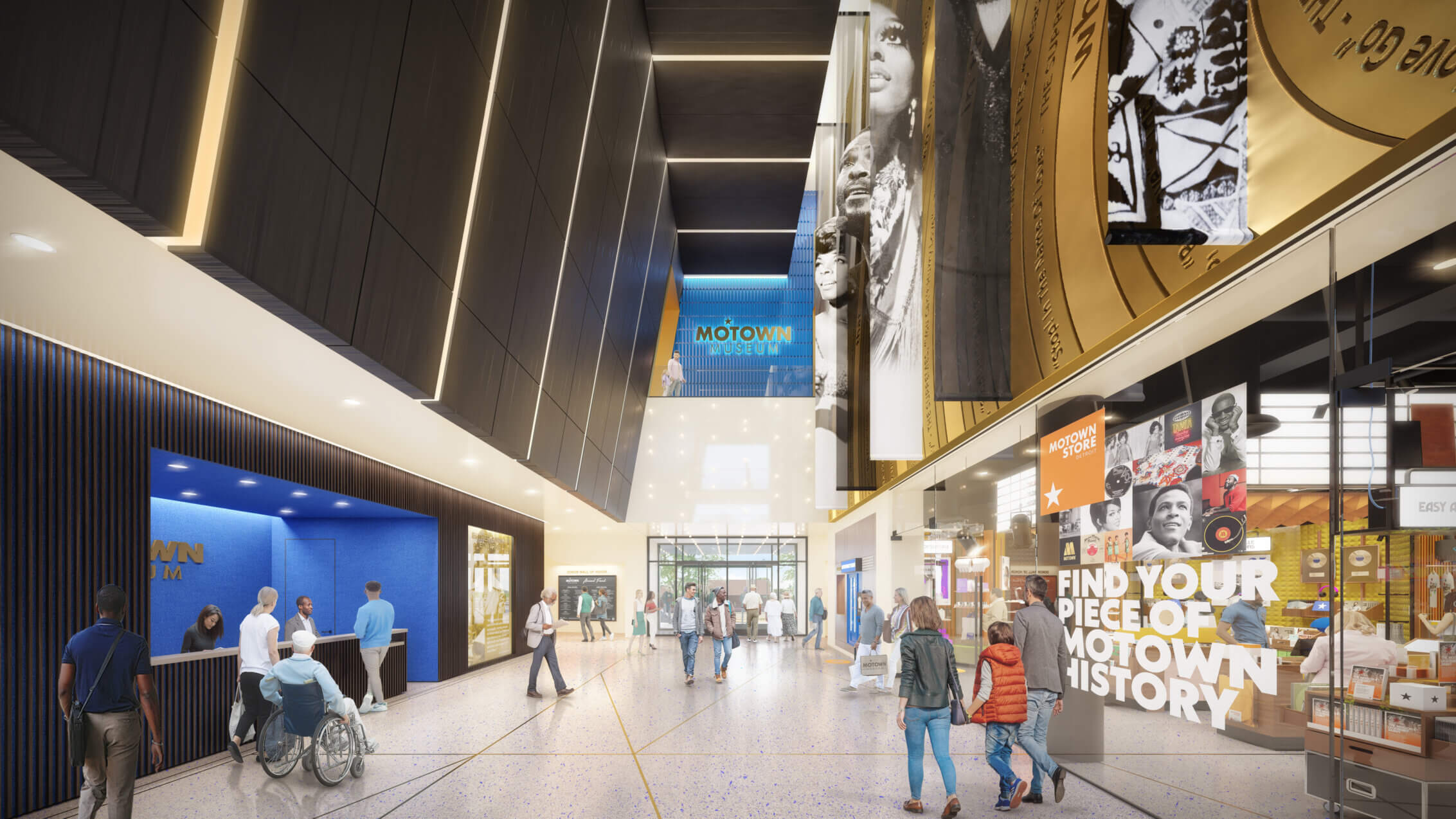 Visitors in the bright atrium of the Motown Museum with vibrant decor and exhibits.