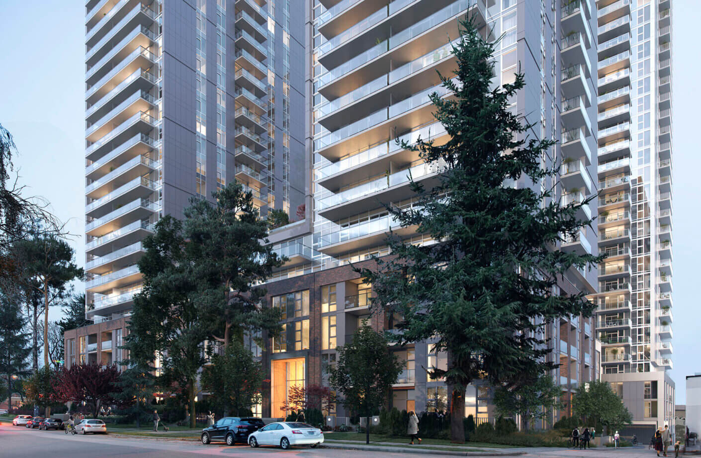 Modern skyscraper with glass balconies and street view with trees and cars.