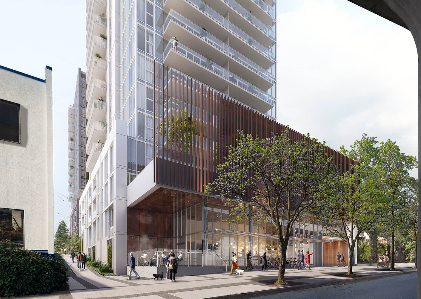 Modern urban building with glass facade, street view, trees, and pedestrians walking dogs.