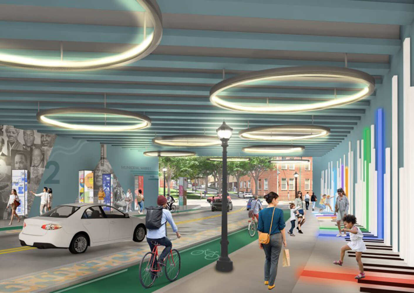 Modern urban street scene with cyclists, pedestrians, and bright artistic lighting.