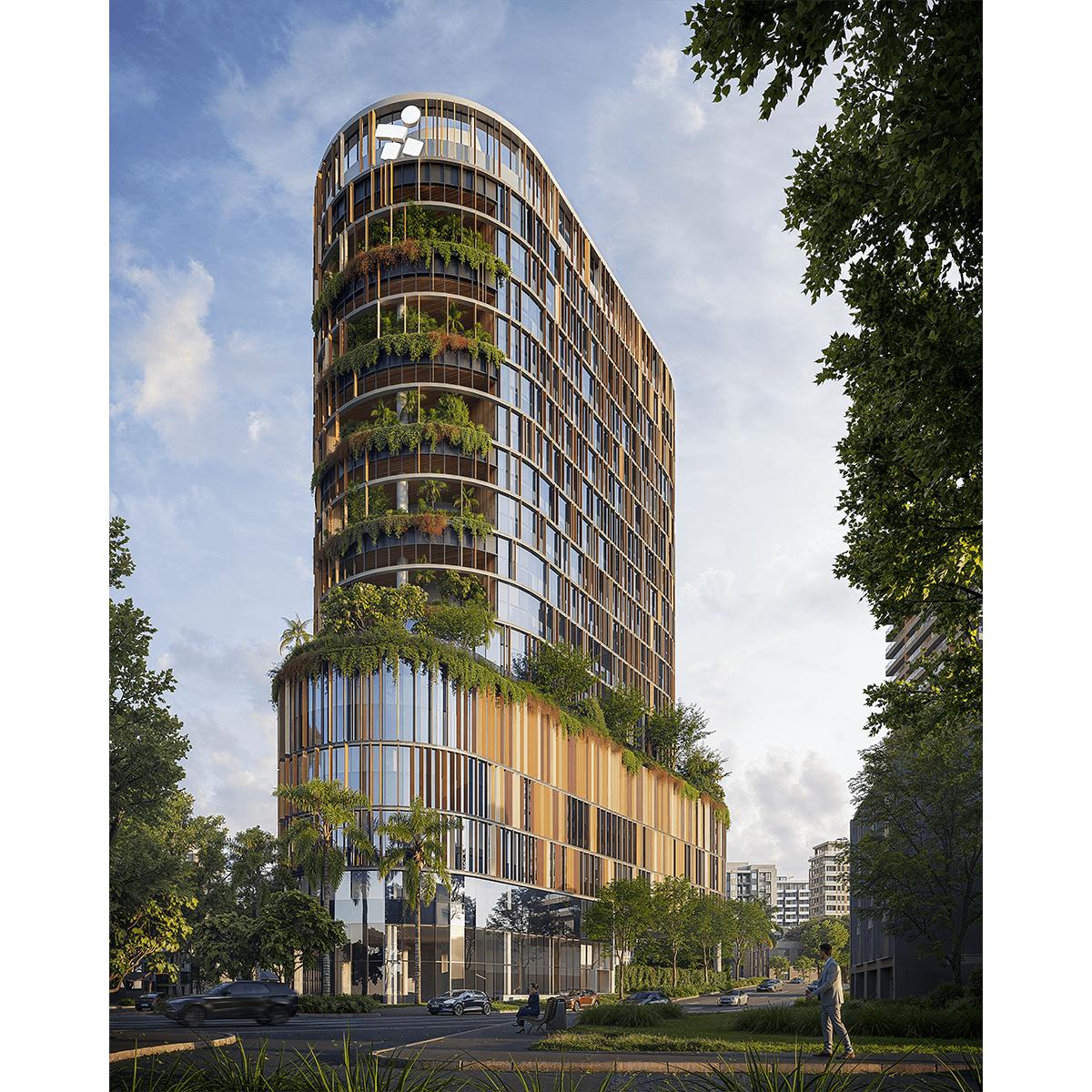 Modern hospital building with lush greenery on a sunny day.