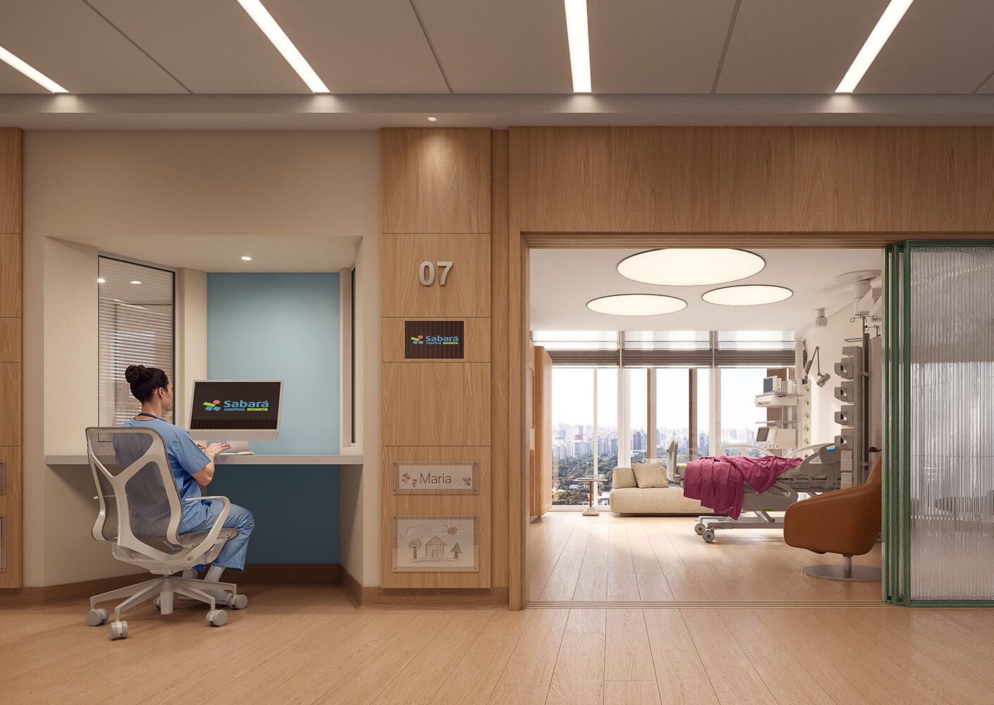 Nurse at hospital reception with view of modern patient room, room number seven.