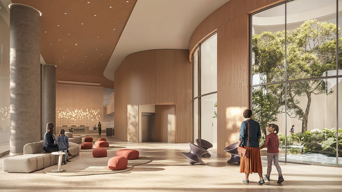 Modern lobby with curved wood walls, large windows, and stylish seating area.