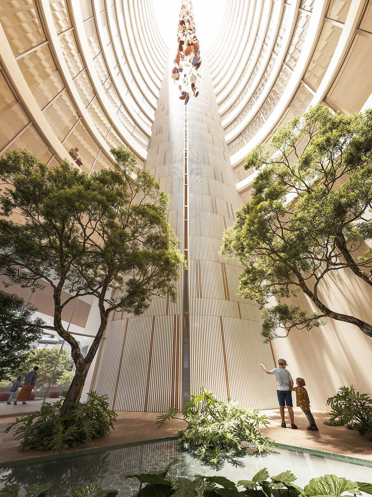 Modern atrium with trees, skylight, and visitors exploring the architectural design.