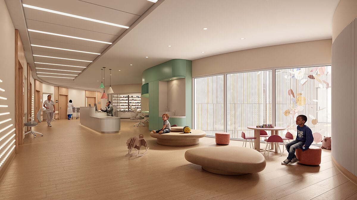 Children's play area in a modern hospital waiting room.