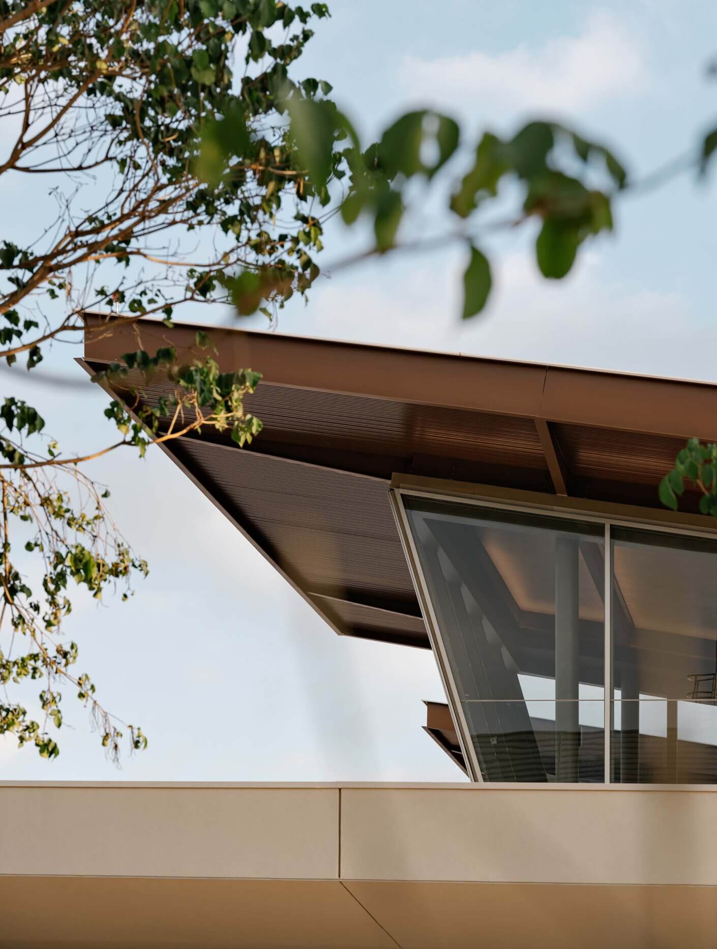 Modern architectural structure with glass and tree branches against the sky.