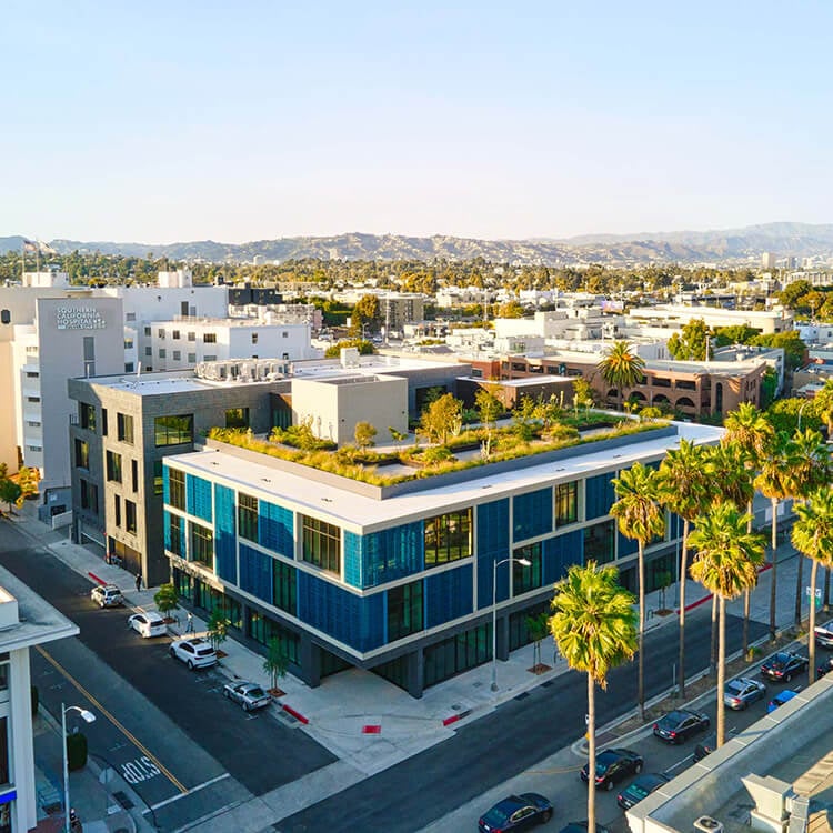 Modern building with rooftop garden in urban cityscape.