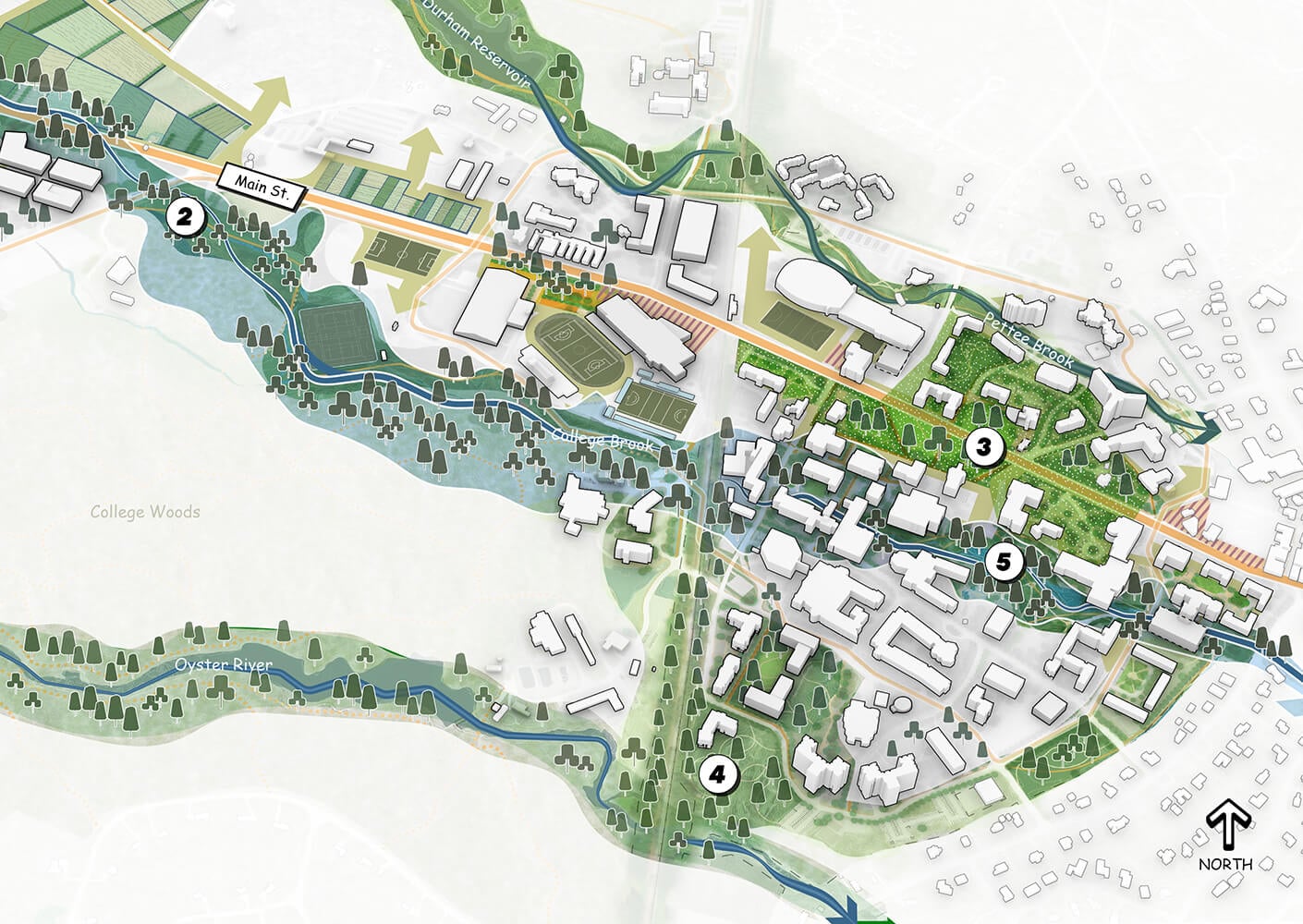 Campus map highlighting key areas with paths, buildings, and natural features.