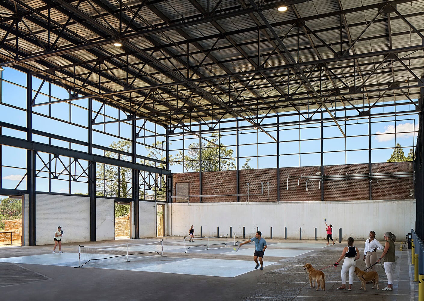 Indoor sports court with people playing pickleball and walking dogs.
