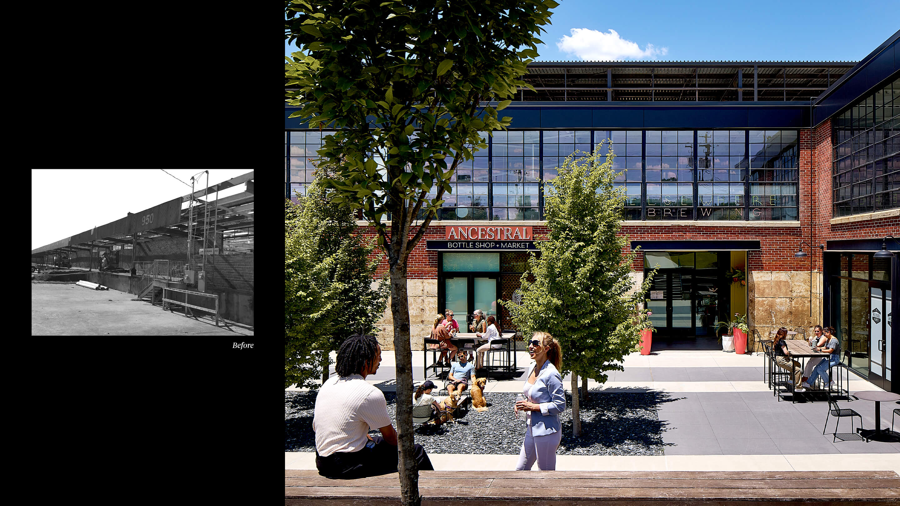 Historic warehouse transformed into a vibrant outdoor market and brewery space.