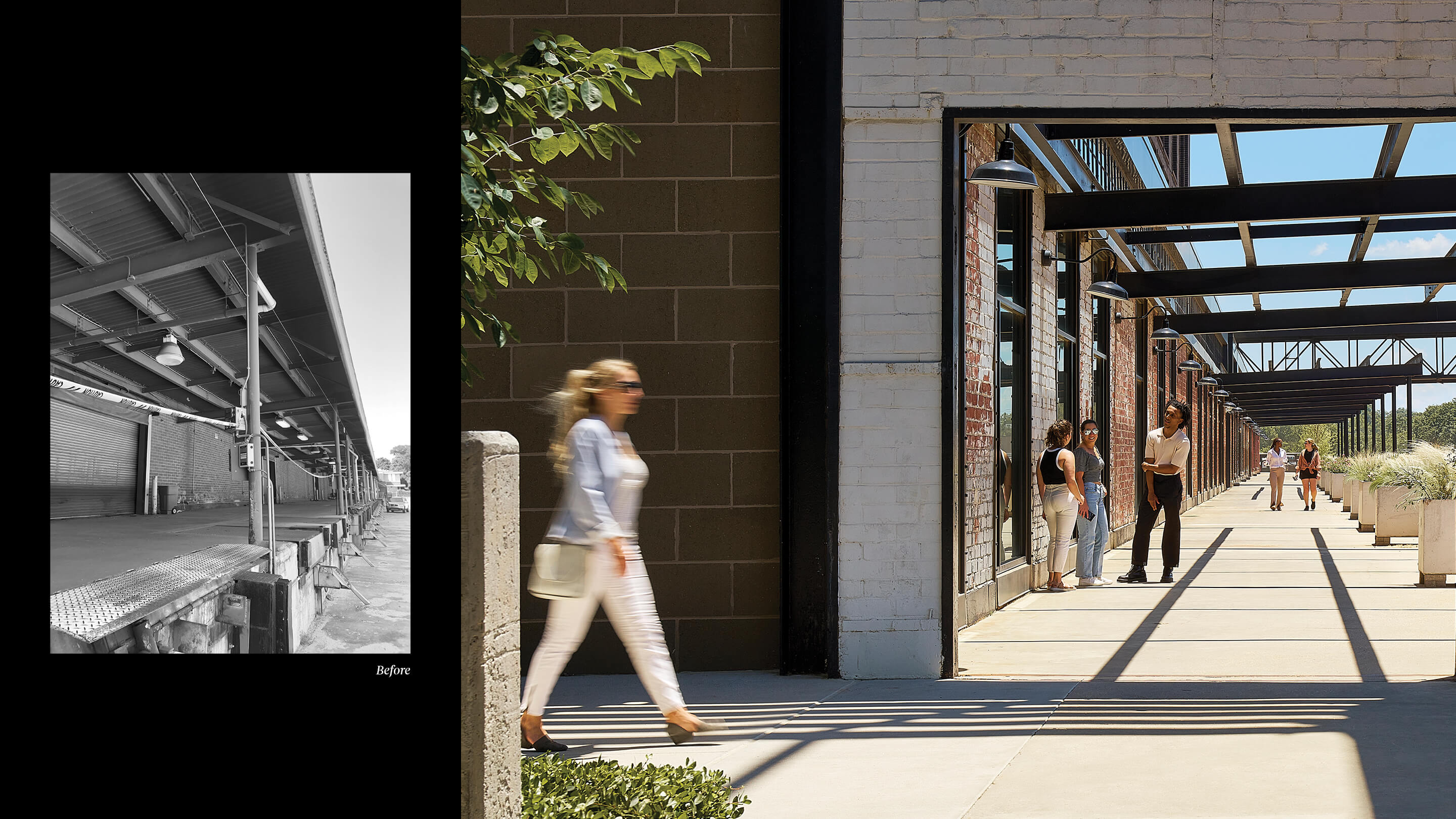 Renovated industrial building with people walking and socializing outside.