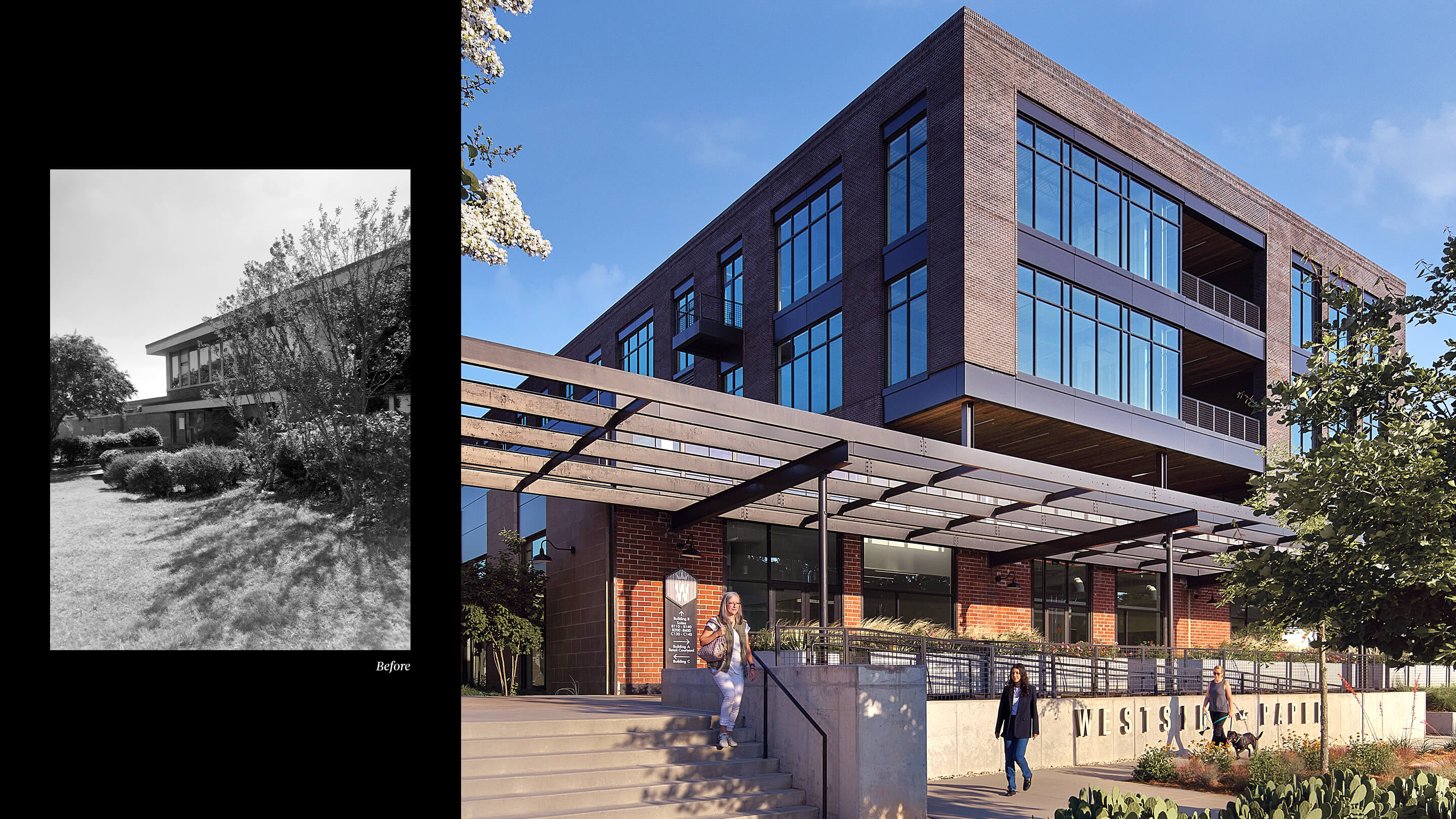 Modern building renovation: before (left), after (right) with people and greenery.
