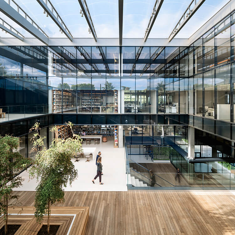 Modern office atrium with glass walls and natural light.