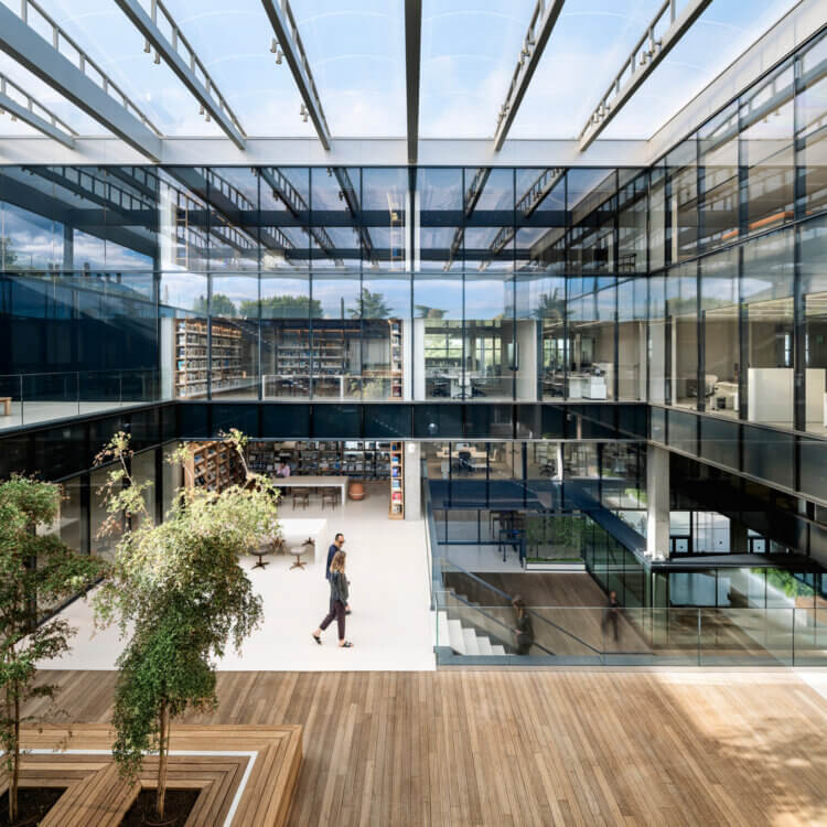 Modern office atrium with glass walls and greenery.