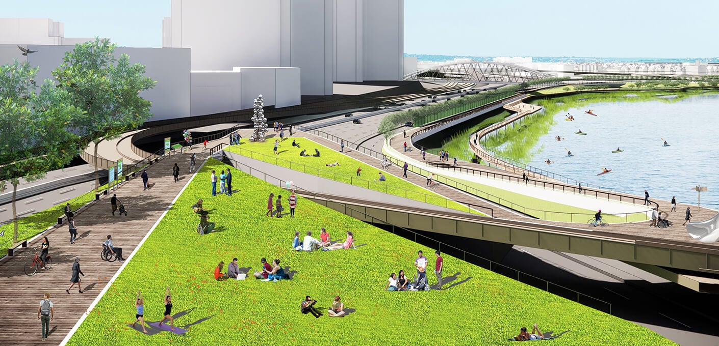 Render of urban park by a river with people biking, walking, and relaxing on a sunny day.