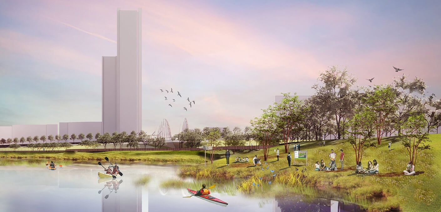 Render of a park scene with people kayaking, relaxing under trees, city skyscrapers in the background.