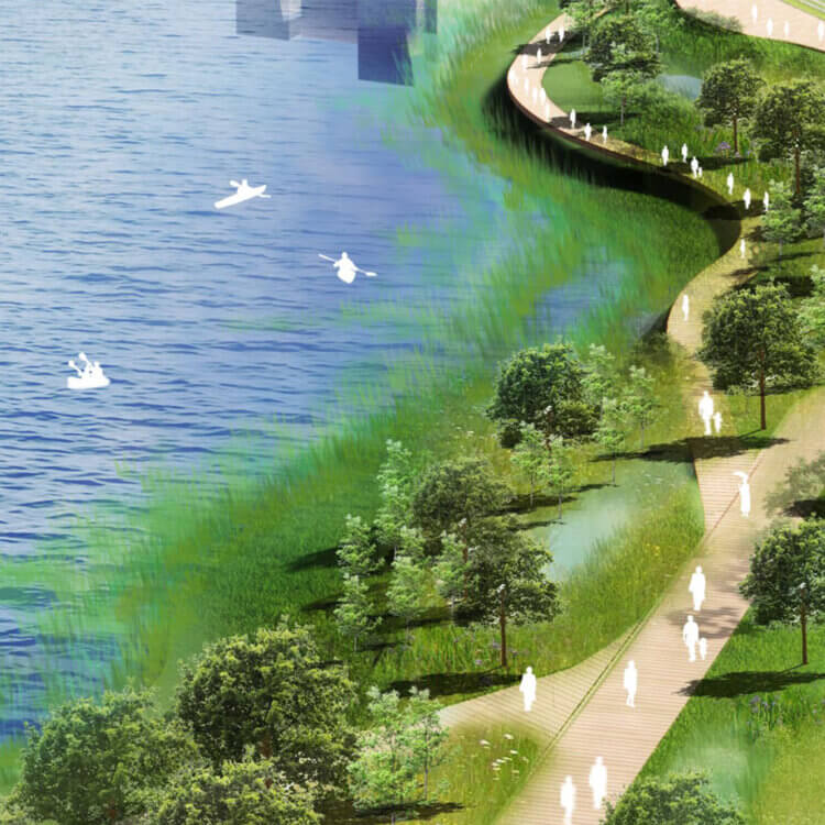 Riverside park with walking paths and kayakers, lush trees along the waterfront.