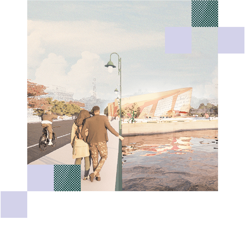 Couple walking by the waterfront near a modern building.