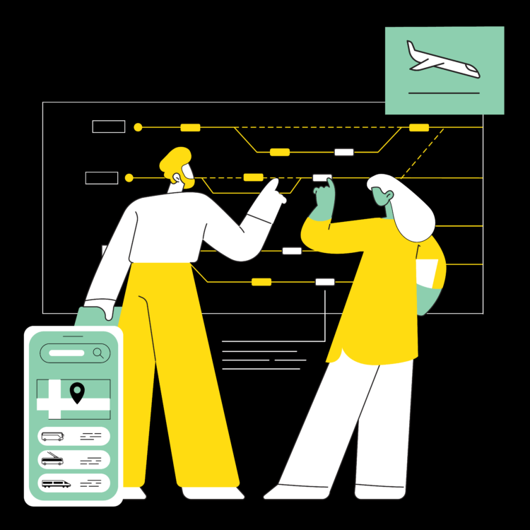 An illustration of planners reviewing transit data with an image of a plane landing and a mobile app with transit options