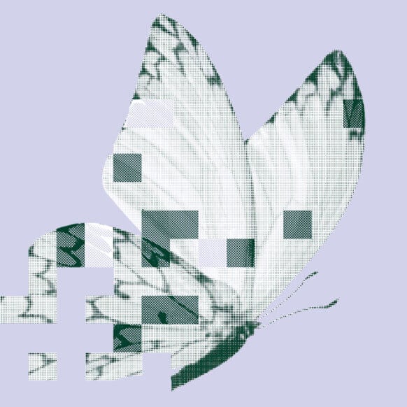 Digital butterfly illustration with pixelated design.