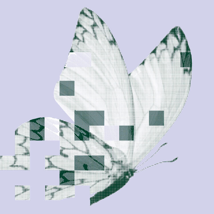 Digital butterfly illustration with pixelated design.