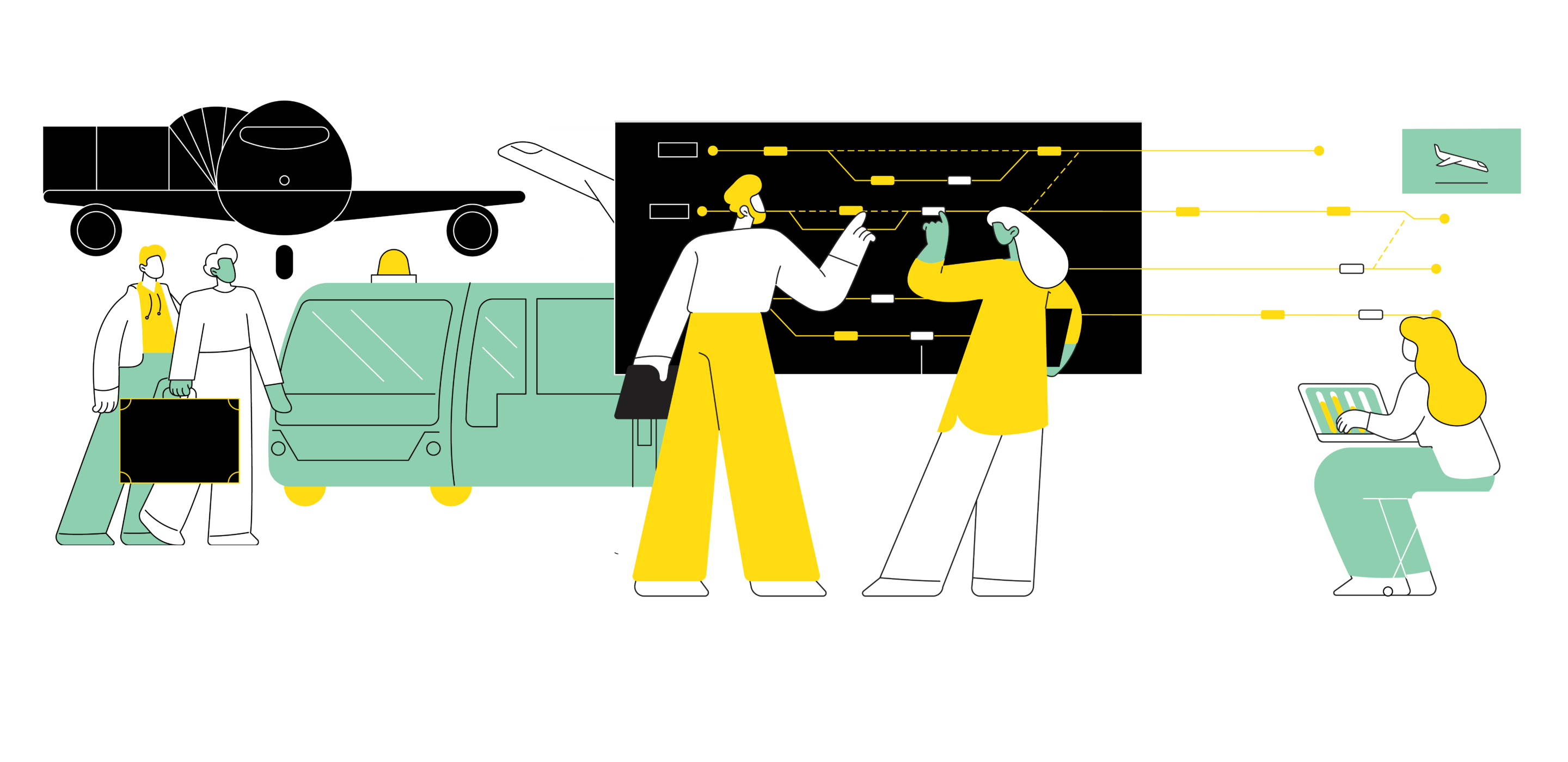 An illustration of planners reviewing transit data while travelers board a bus