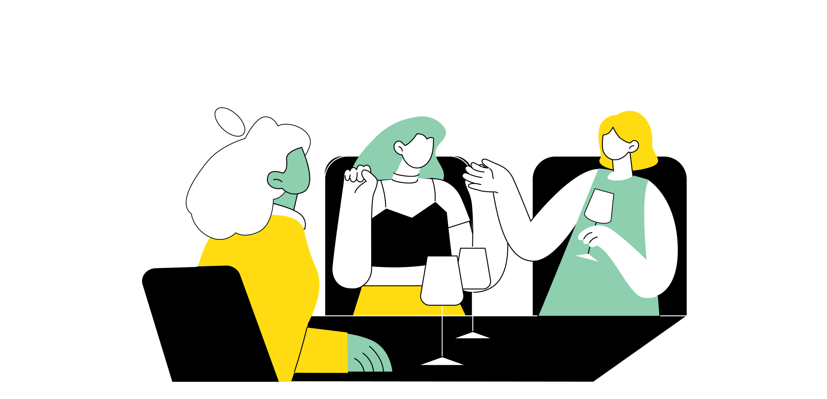 Three people chatting over drinks on a scenic train ride.