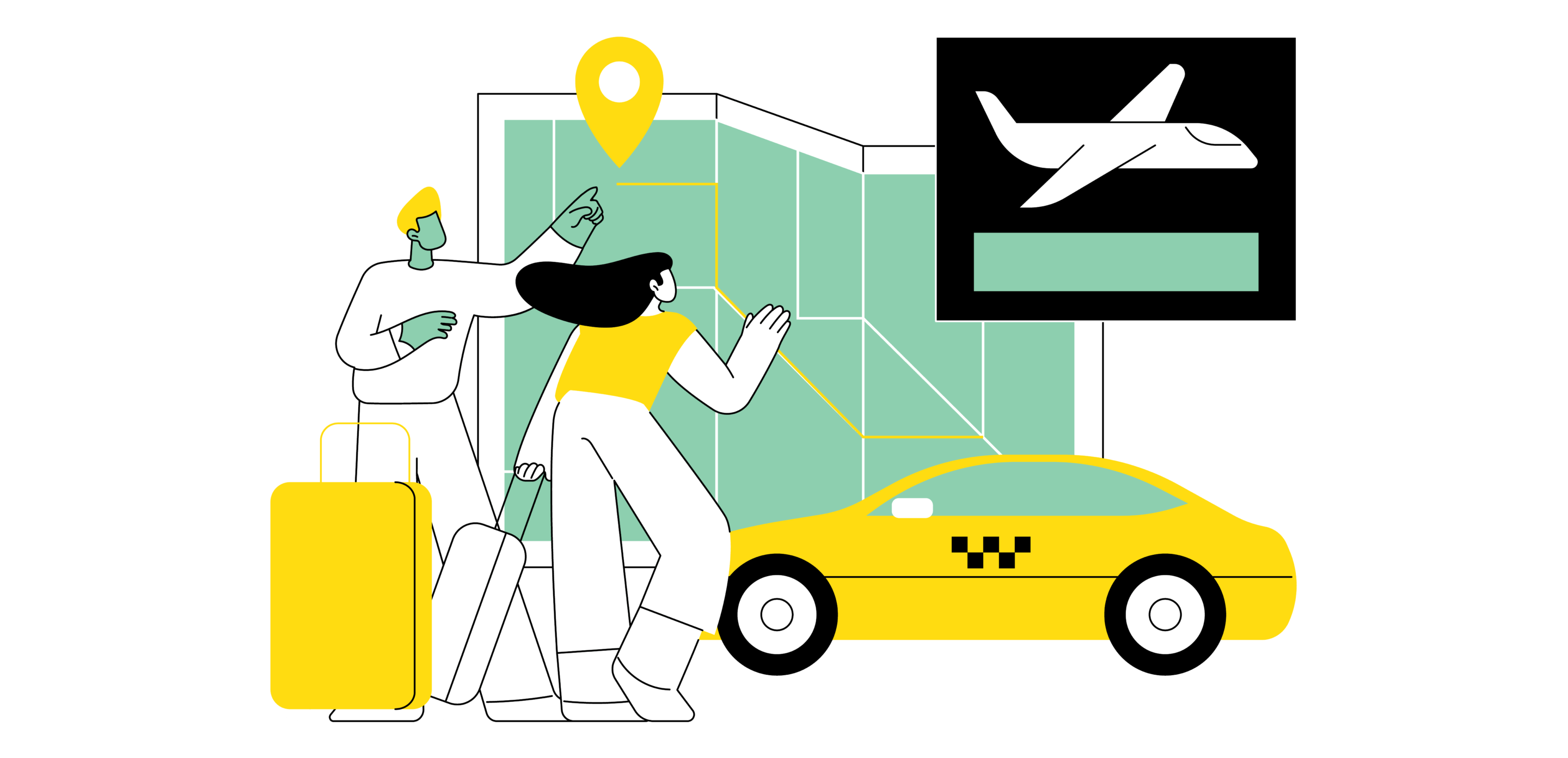 Travelers with luggage navigate a map and taxi near airport signs.