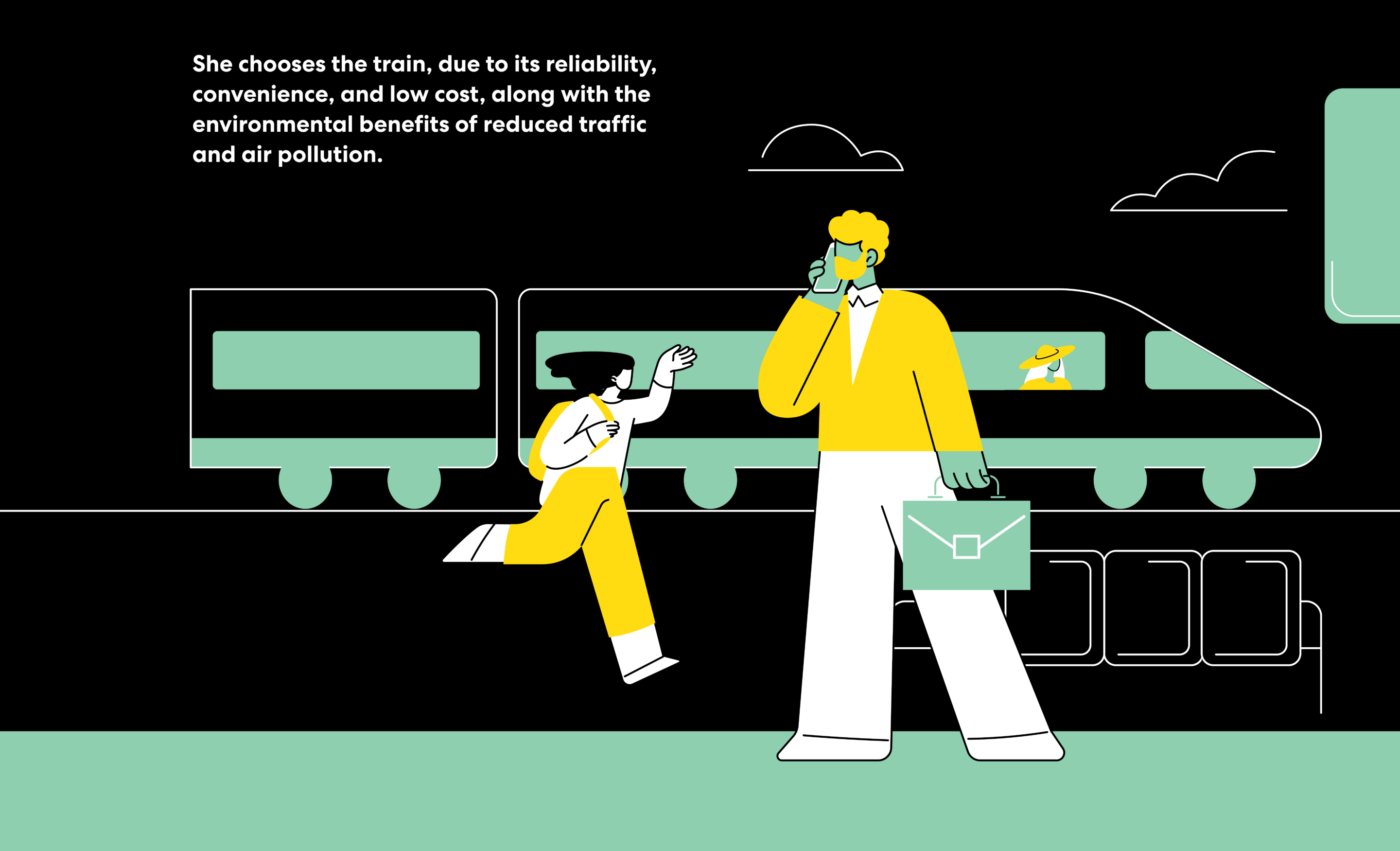 A person boarding a train, symbolizing eco-friendly travel benefits.