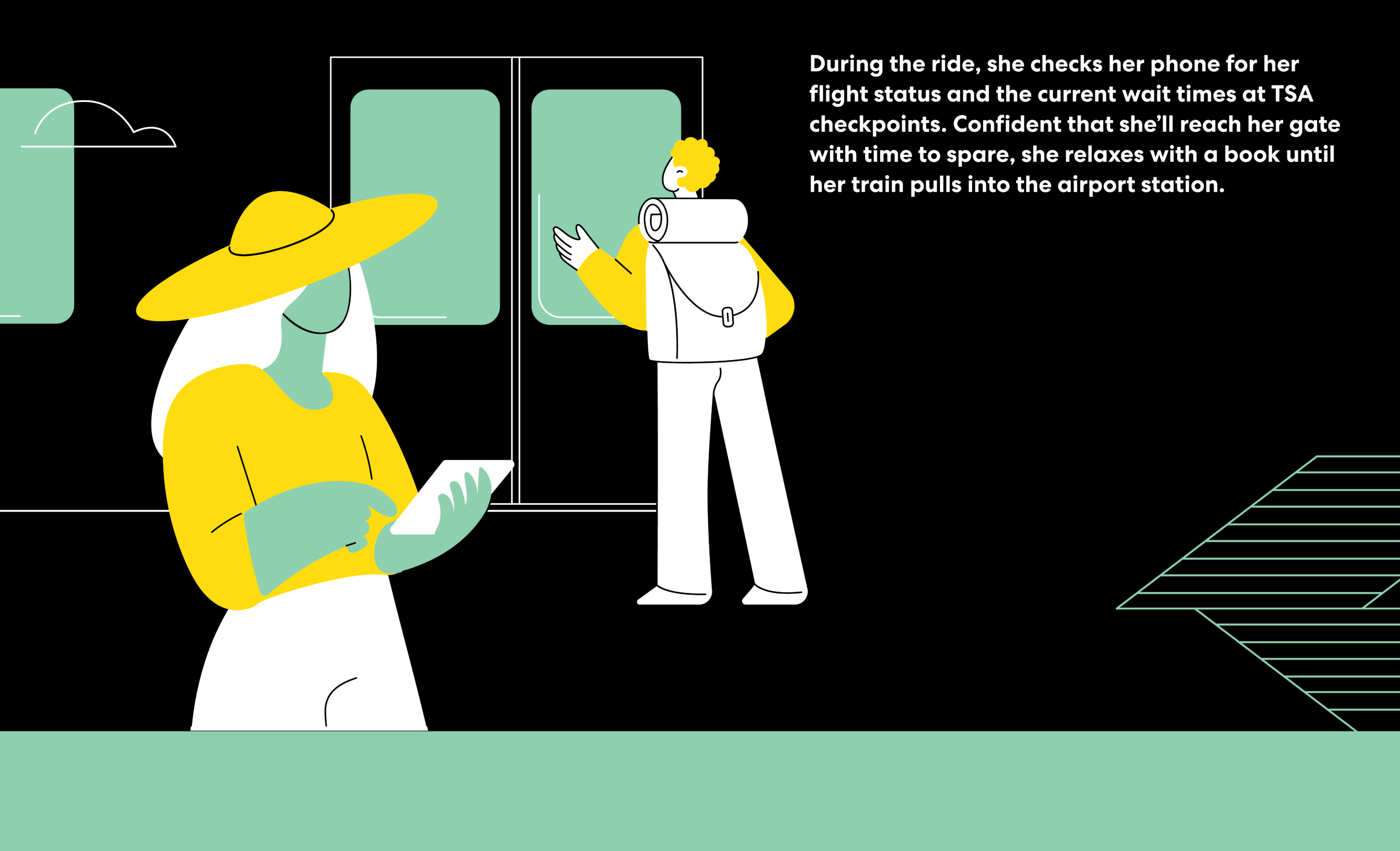 Illustration of a woman looking at a device on the train; another passenger looks out the window. Text reads: During the ride, she checks her phone for her flight status and the current wait times at TSA checkpoints. Confident that she’ll reach her gate with time to spare, she relaxes with a book until her train pulls into the airport station.