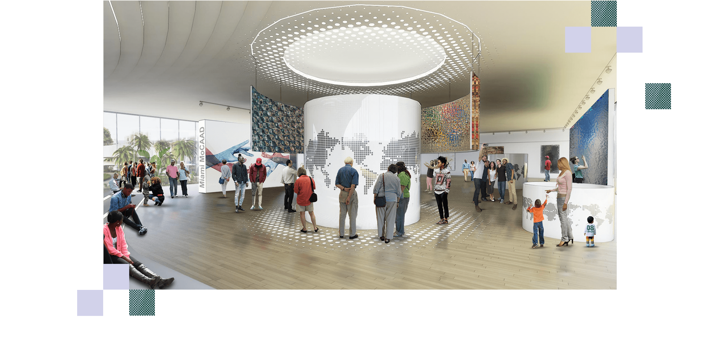 People exploring a modern art exhibition at Miami MoCAAD.