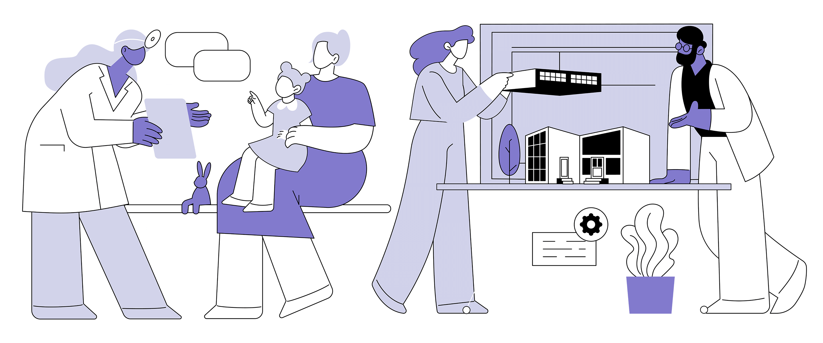 Illustration of a pediatric checkup next to a pair of architects planning a hospital