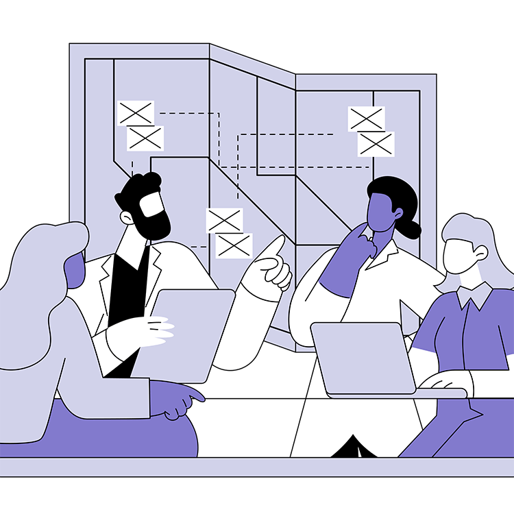 Illustration of doctors and planners discussing data and research