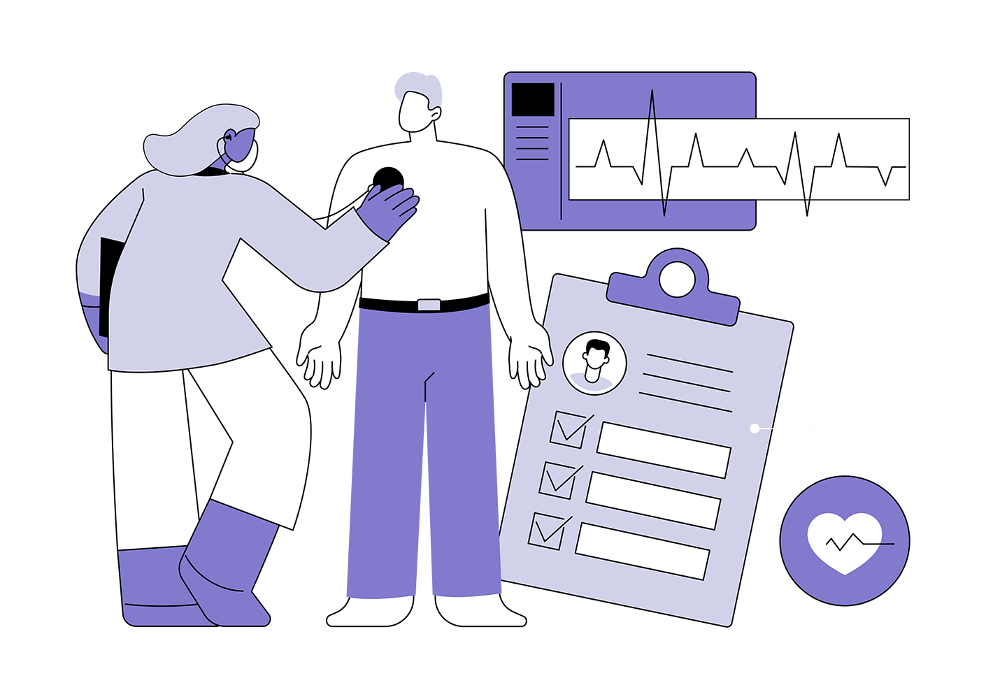 Doctor check-up illustration with heart monitor and patient form.