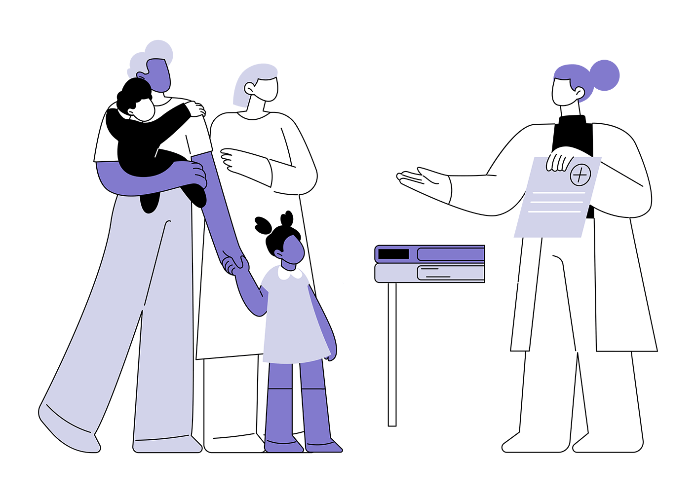 Illustration of a family with two children checking in with a physician