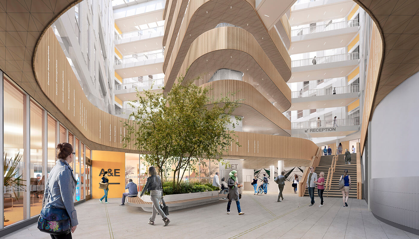 Modern lab atrium with curved architecture and people walking.