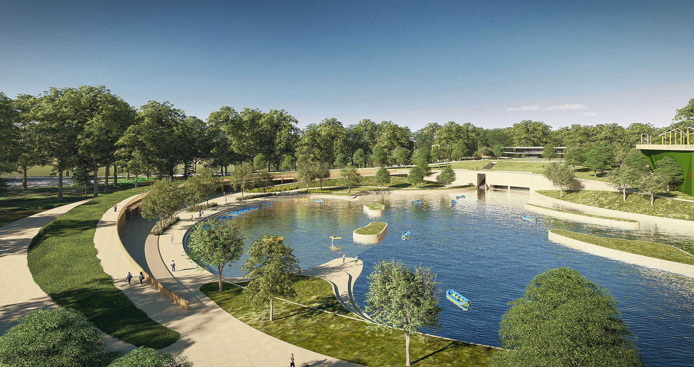 Modern park with paths, trees, and a water feature with kayaks and canoes in sunny weather.