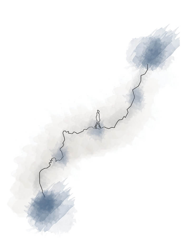 Abstract line art of a person on a trail between two large bodies of water with watercolor effect.
