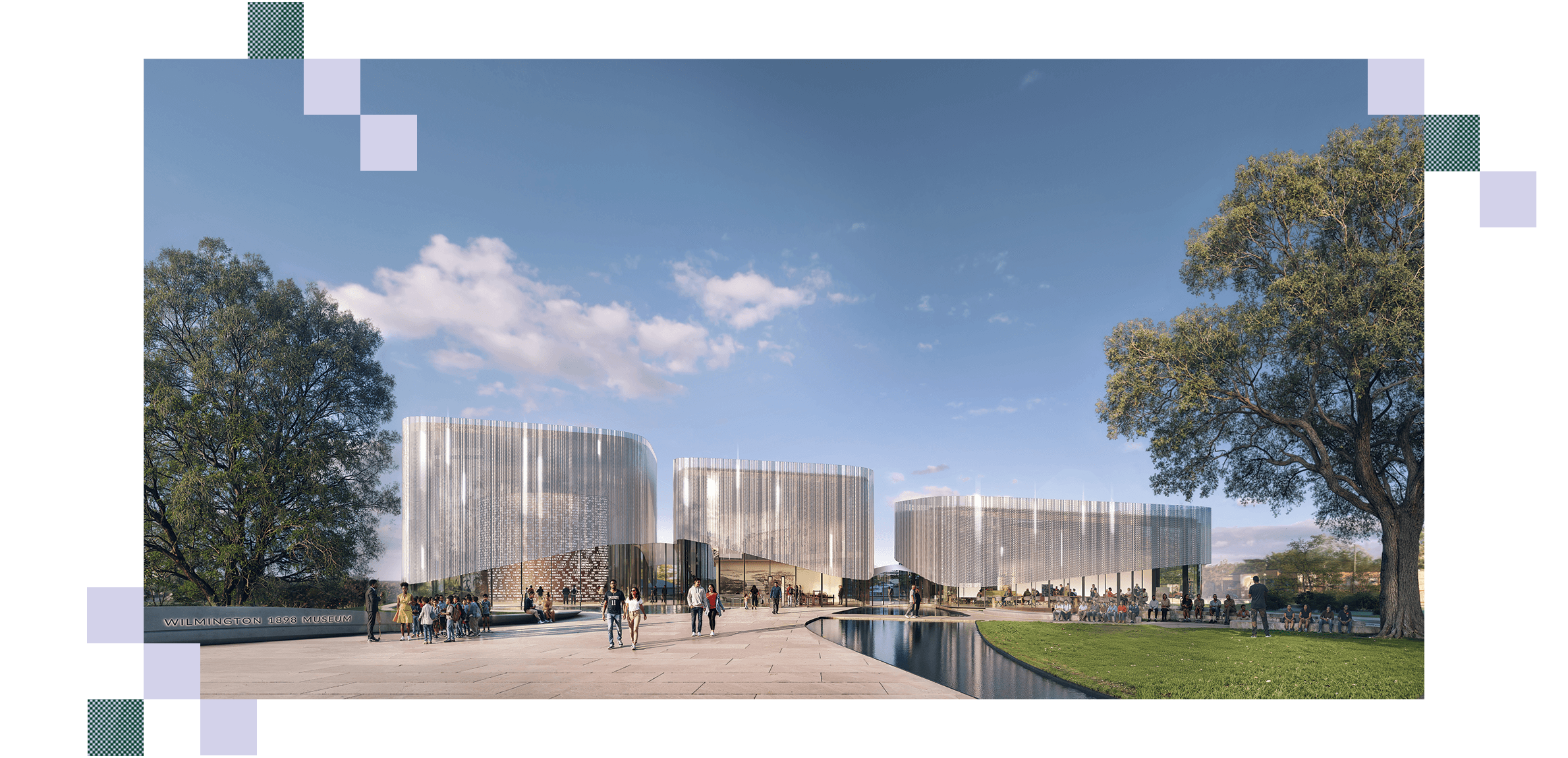 Modern museum architecture under a clear sky with trees and visitors.