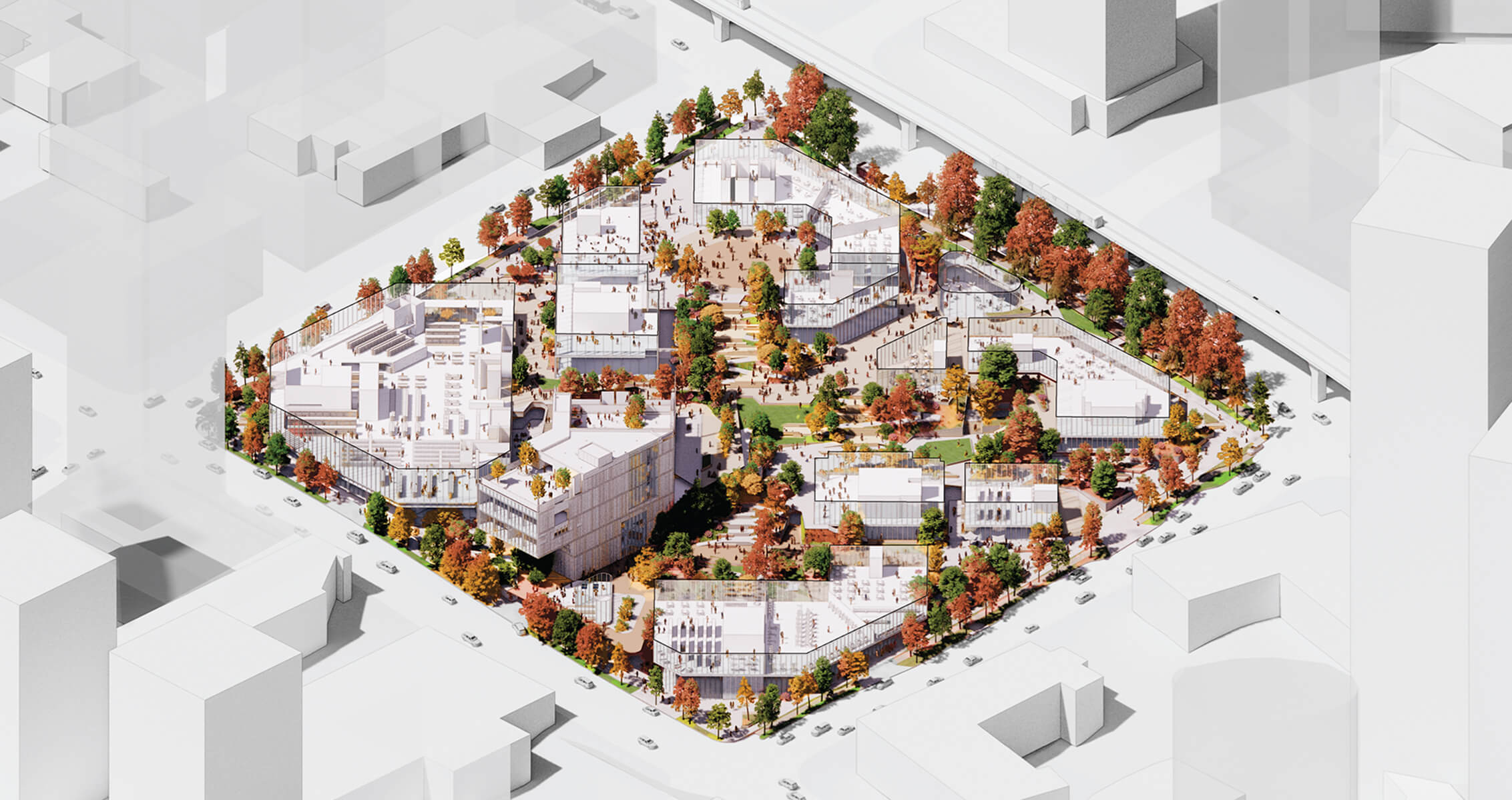 Aerial view of urban development with trees and buildings.