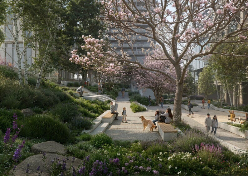 Urban park scene with people, blooming trees, and a dog on a sunny day.