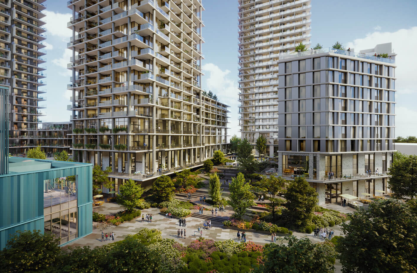 Modern urban development with high-rise buildings and landscaped gardens.