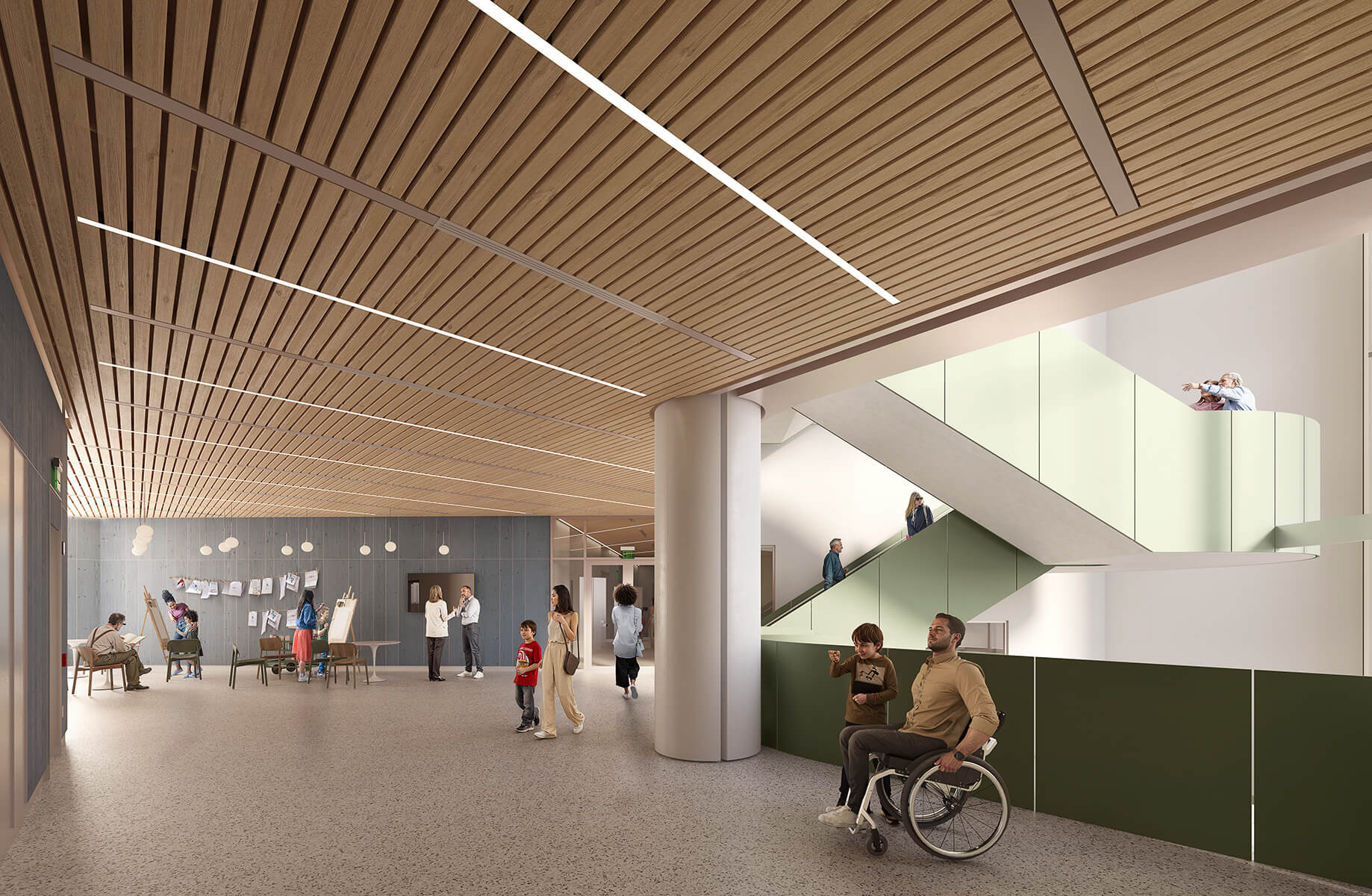 Modern interior with people, wooden ceiling, art station, and accessible design features.