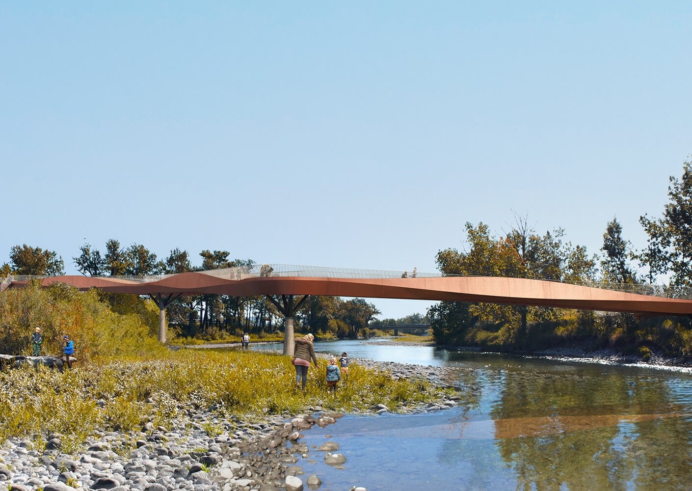 Modern pedestrian bridge over a river with people enjoying nature.