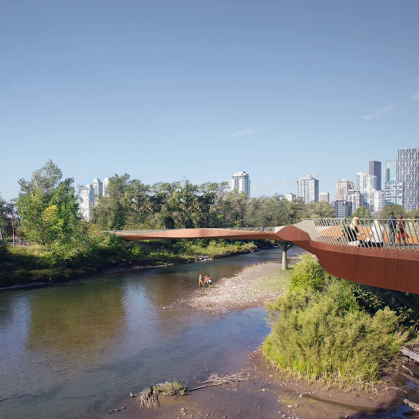 Modern bridge over a river with city skyline and trees in the background.