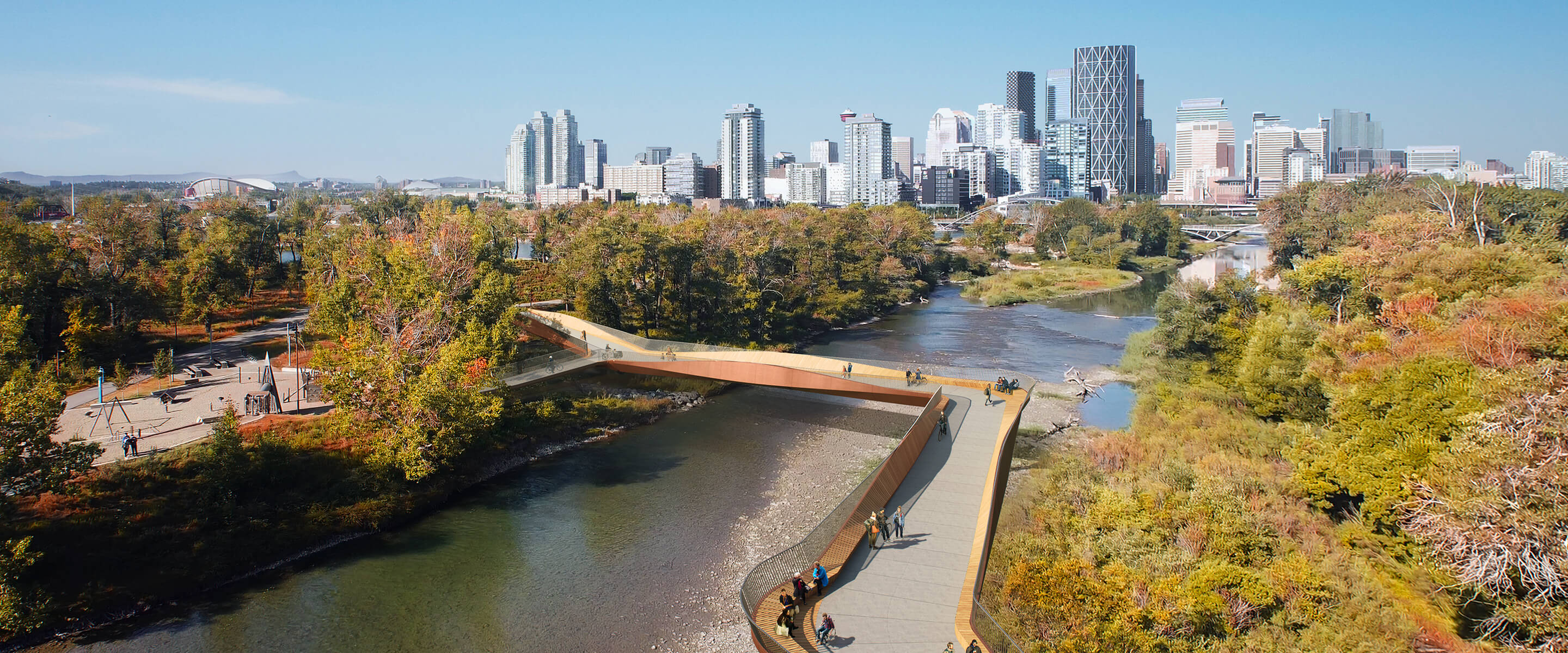Modern pedestrian bridge over scenic river with city skyline in the background.
